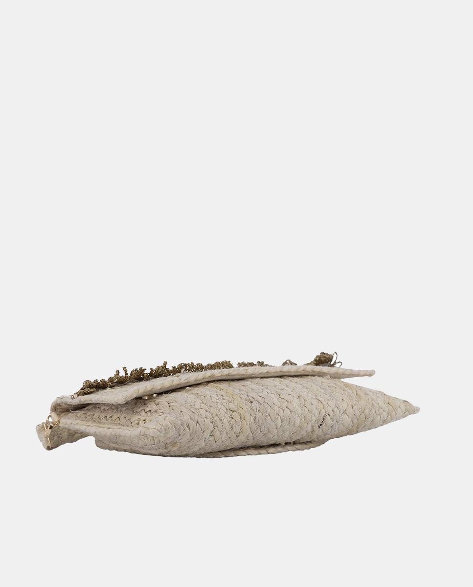 Carteira Tipo Mala Clutch a Tiracolo de Juta Combinada com Passamanaria Dourada Bege-5