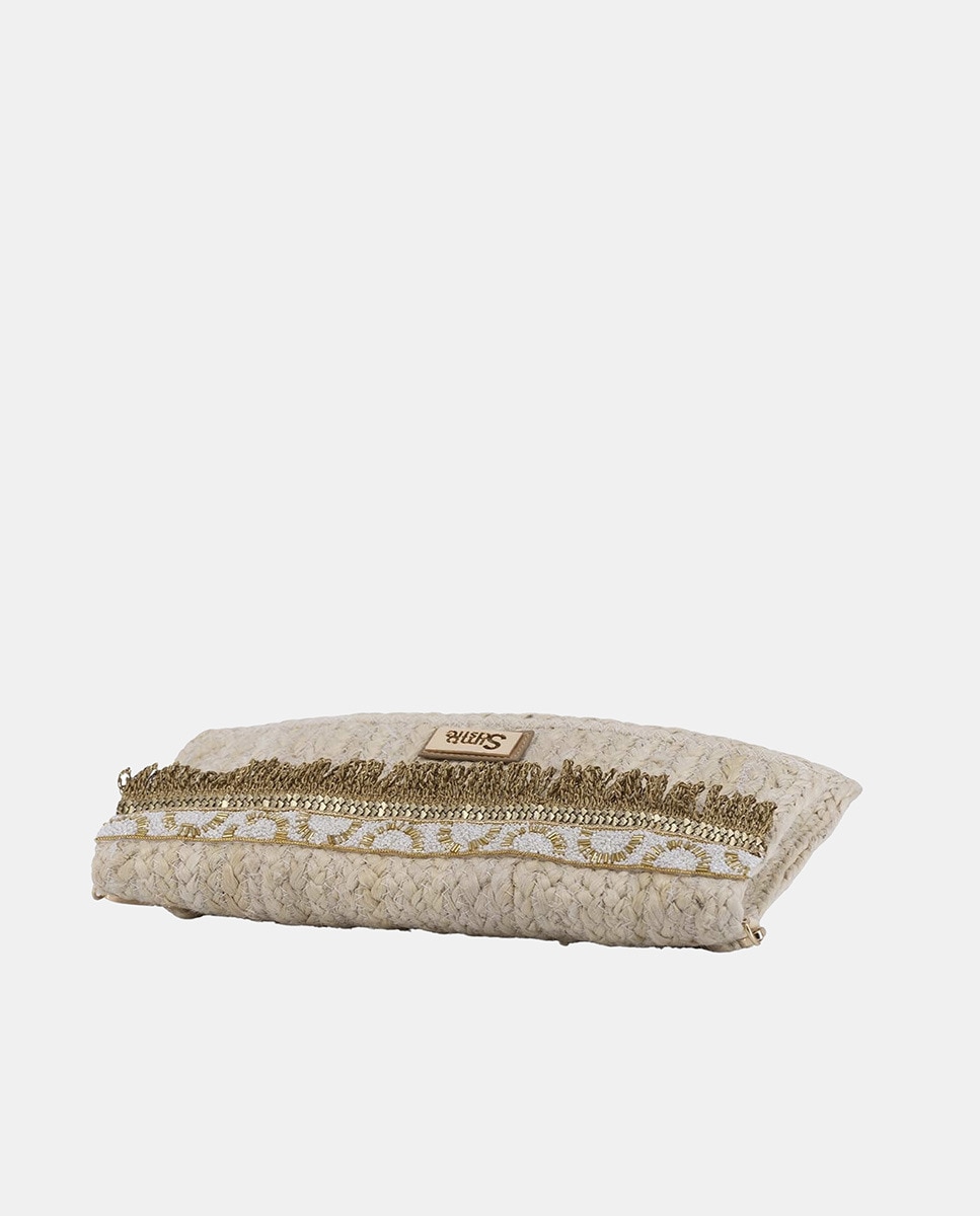 Carteira Tipo Mala Clutch a Tiracolo de Juta Combinada com Passamanaria Dourada Bege-4