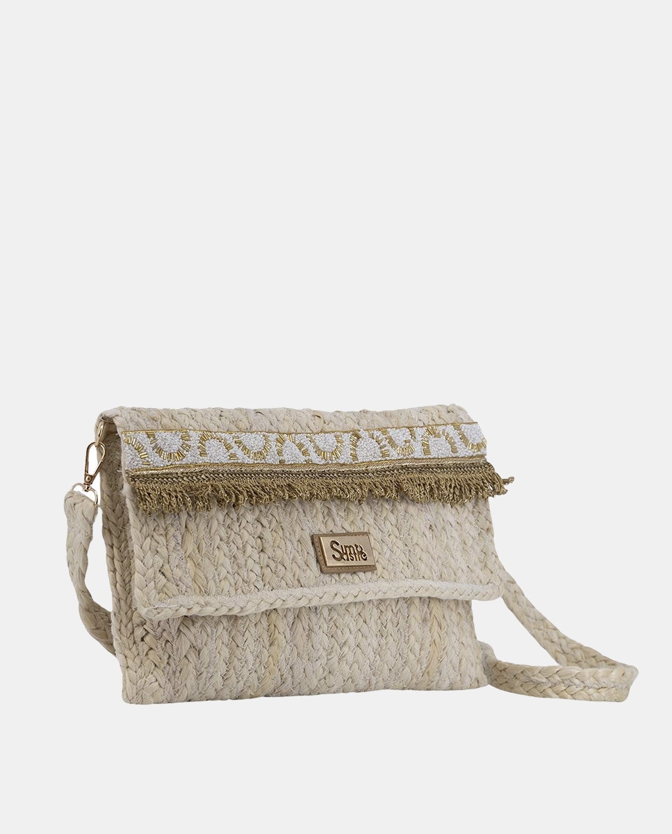 Carteira Tipo Mala Clutch a Tiracolo de Juta Combinada com Passamanaria Dourada Bege-3