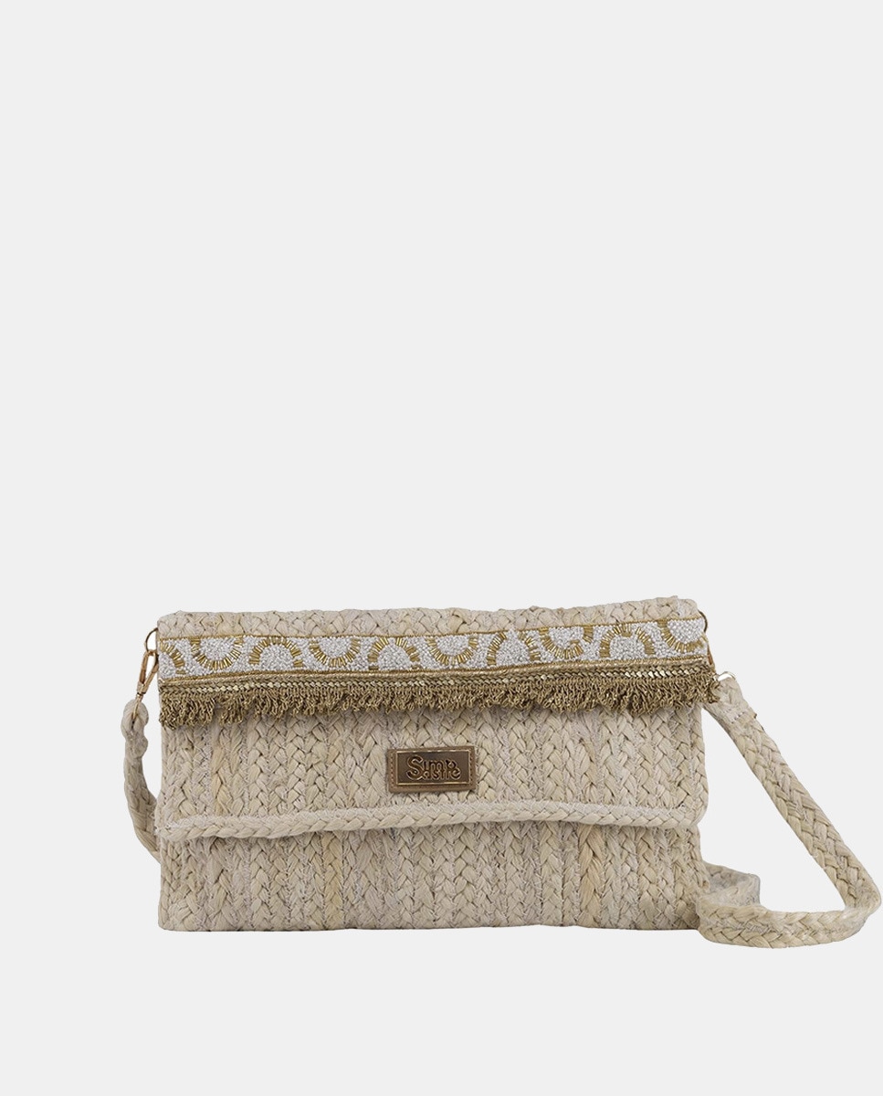 Carteira Tipo Mala Clutch a Tiracolo de Juta Combinada com Passamanaria Dourada Bege-1
