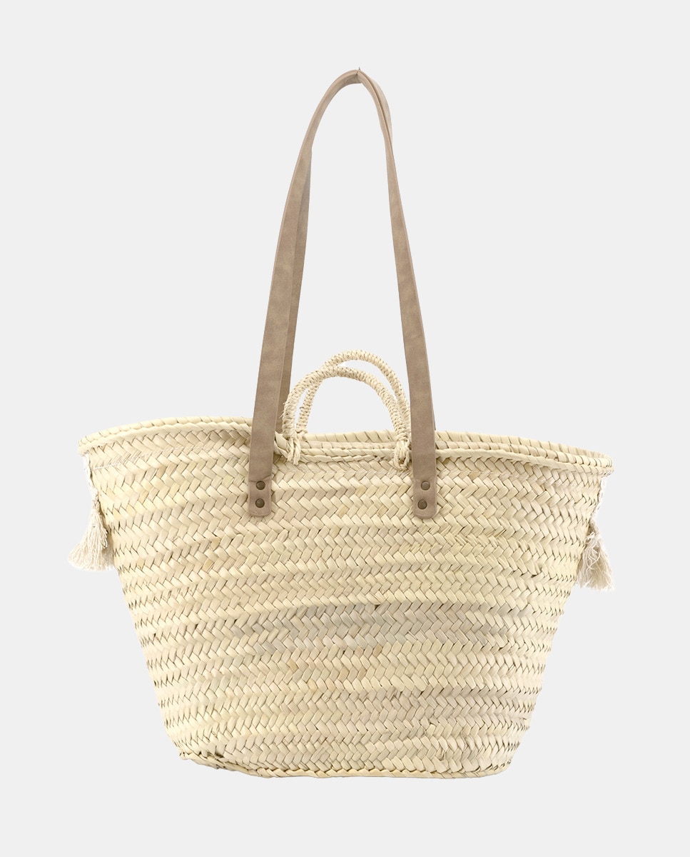 Cesta Grande de 10 Voltas de Palma Natural Combinada com Franjas e Espelhos Bege-4