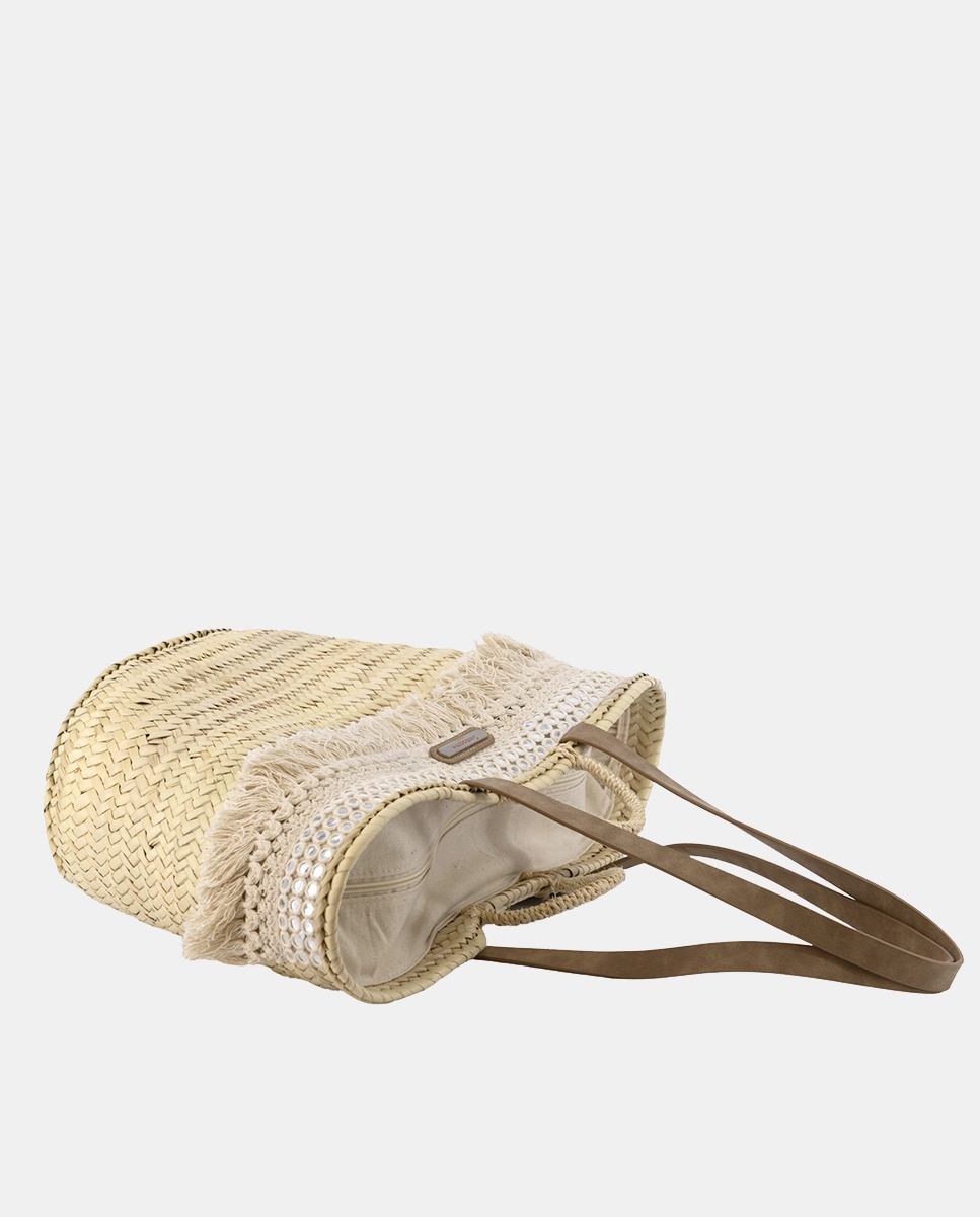 Cesta Grande de 10 Voltas de Palma Natural Combinada com Franjas e Espelhos Bege-3