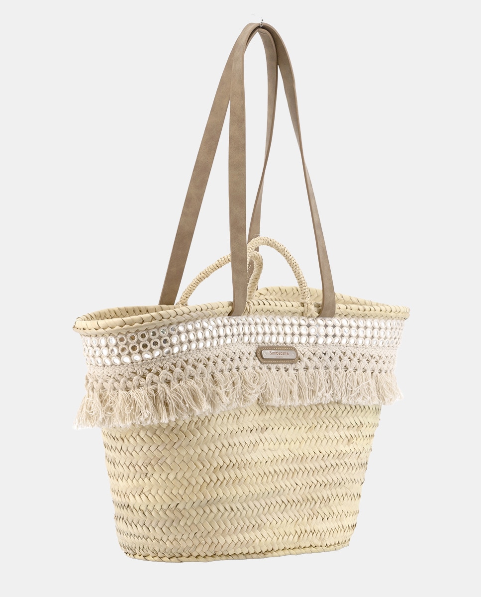 Cesta Grande de 10 Voltas de Palma Natural Combinada com Franjas e Espelhos Bege-2
