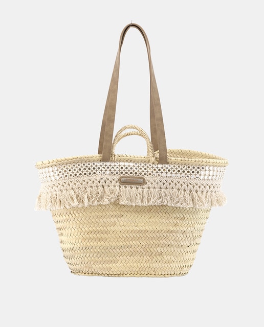 Imagem 0 de Cesta Grande de 10 Voltas de Palma Natural Combinada com Franjas e Espelhos