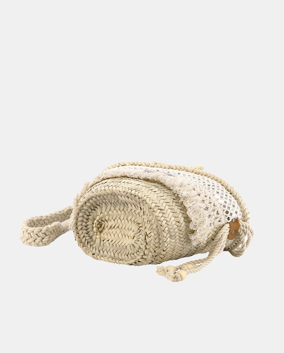 Cesta Pequena de 5 Voltas de Palma Natural Combinada com Franjas e Espelhos Bege-4