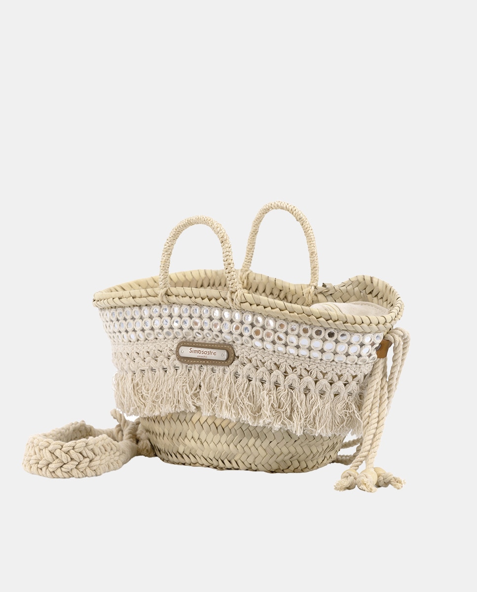 Cesta Pequena de 5 Voltas de Palma Natural Combinada com Franjas e Espelhos Bege-3