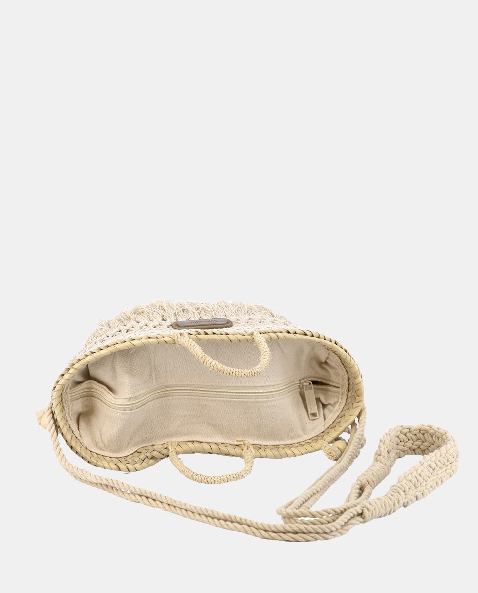 Cesta Pequena de 5 Voltas de Palma Natural Combinada com Franjas e Espelhos Bege-2
