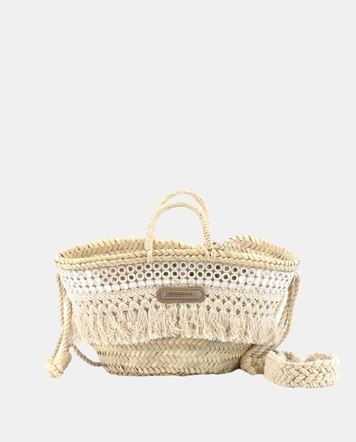 Imagem 0 de Cesta Pequena de 5 Voltas de Palma Natural Combinada com Franjas e Espelhos