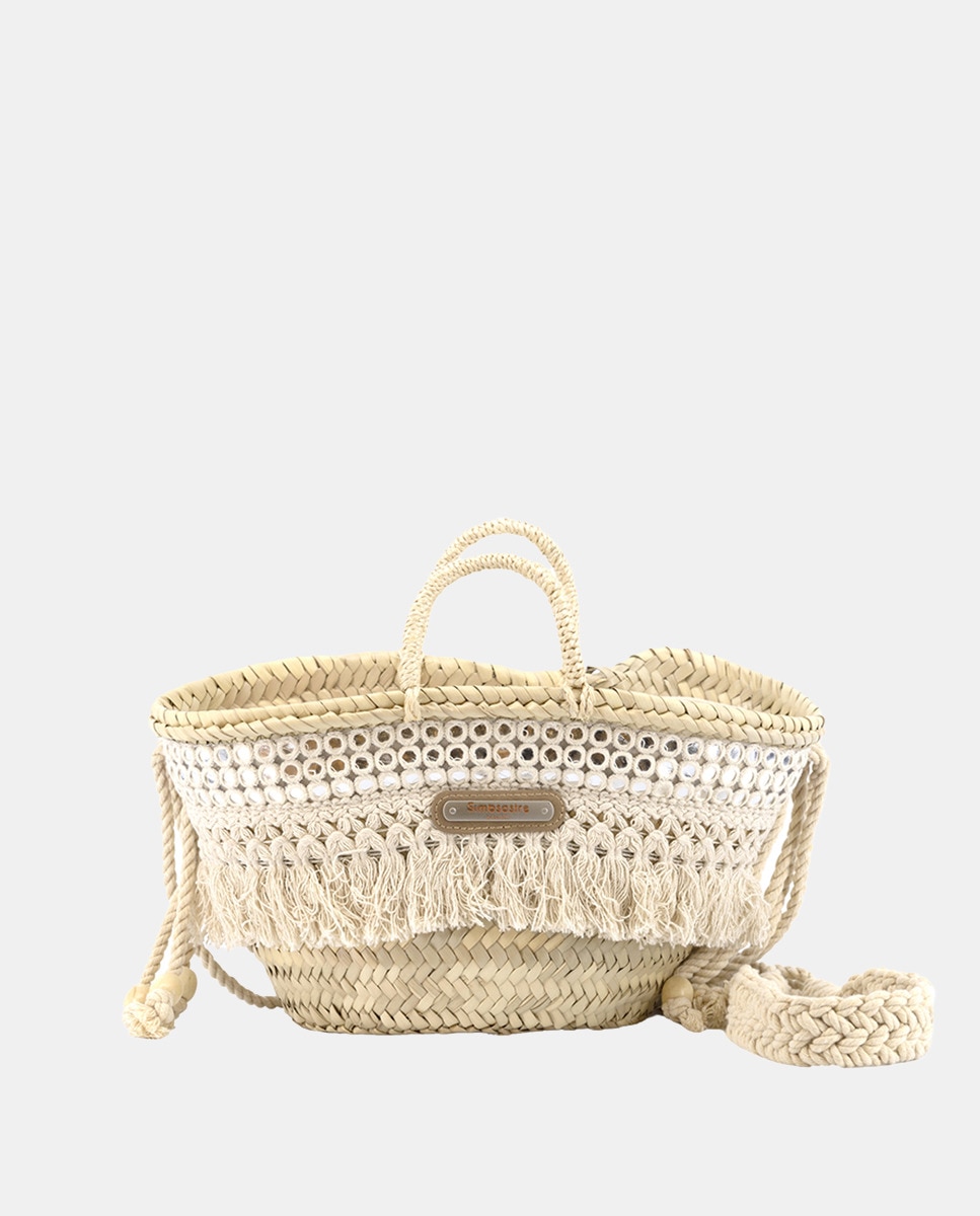 Cesta Pequena de 5 Voltas de Palma Natural Combinada com Franjas e Espelhos Bege-1