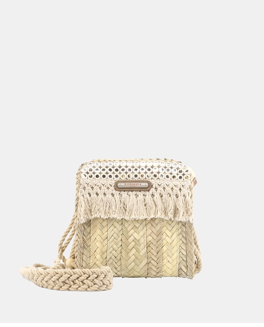 Imagem 0 de Mala Pequena de Palma Natural Cosida Combinada com Franjas e Espelhos