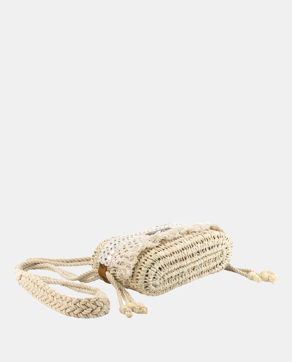 Mini Mala de Palma Natural Atada e Combinada com Franjas e Espelhos Bege-4