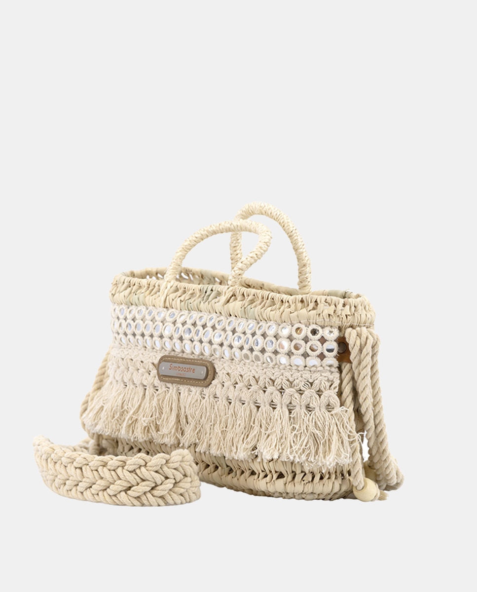 Mini Mala de Palma Natural Atada e Combinada com Franjas e Espelhos Bege-2