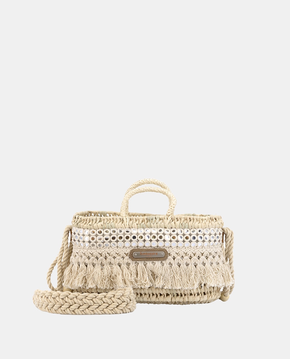 Mini Mala de Palma Natural Atada e Combinada com Franjas e Espelhos Bege-1