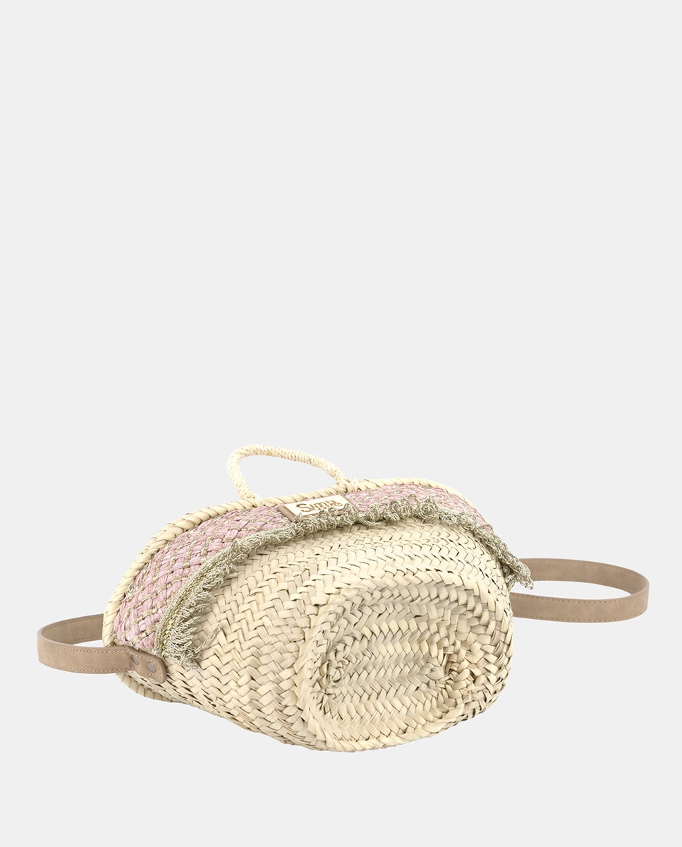 Cesta Pequena de 5 Voltas de Palma Natural Combinada com Franjas e Ráfia Rosa-3