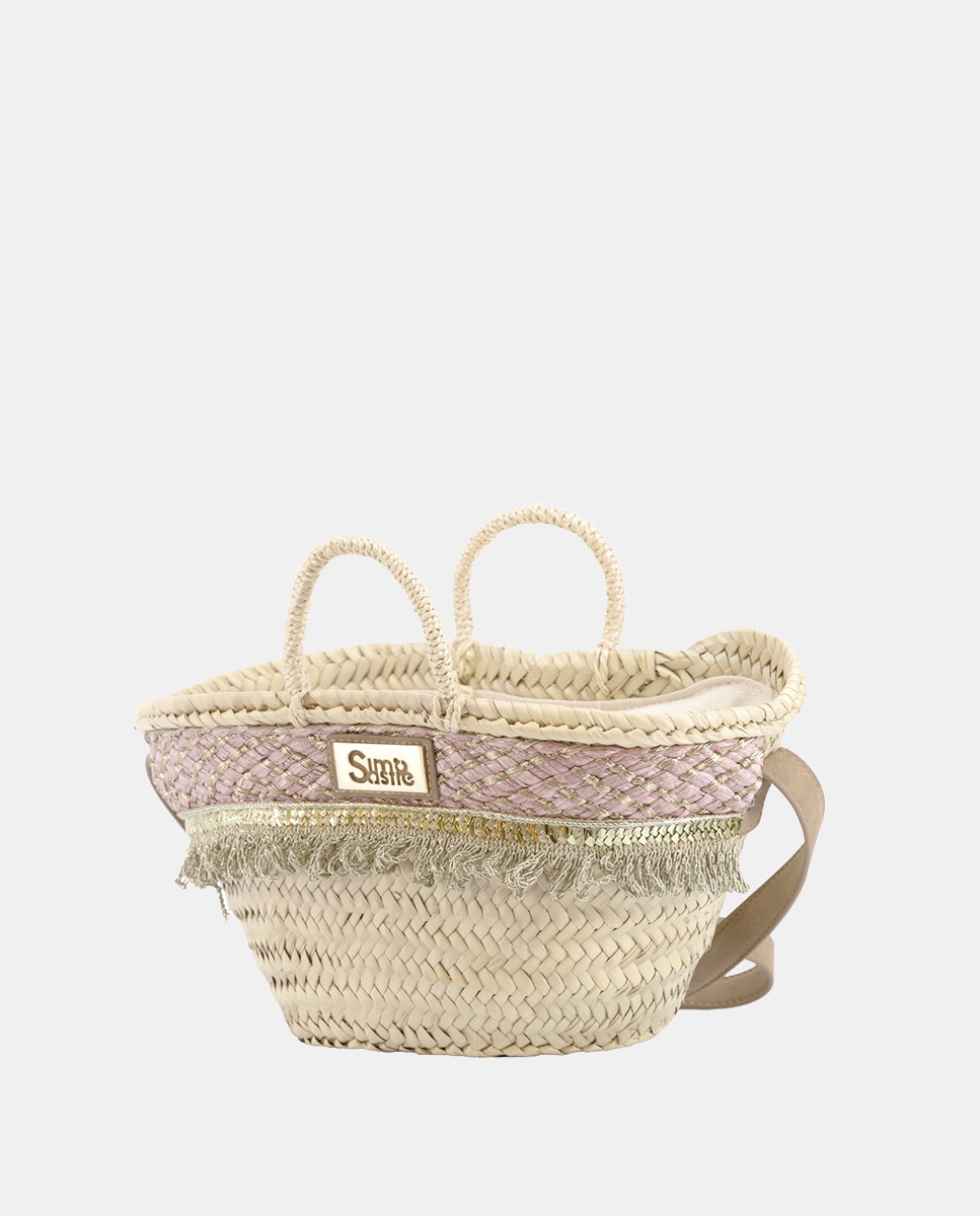Cesta Pequena de 5 Voltas de Palma Natural Combinada com Franjas e Ráfia Rosa-2