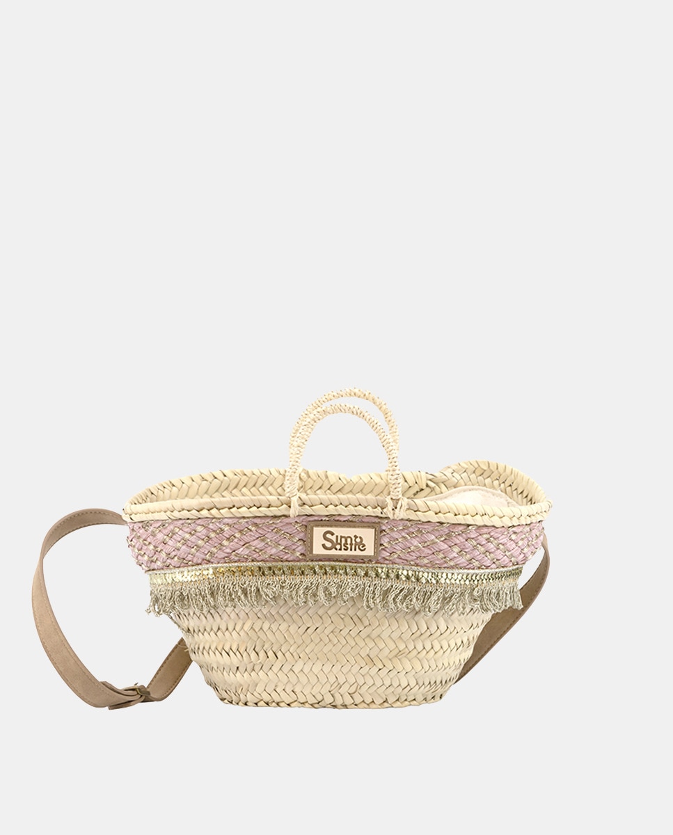 Cesta Pequena de 5 Voltas de Palma Natural Combinada com Franjas e Ráfia Rosa-1
