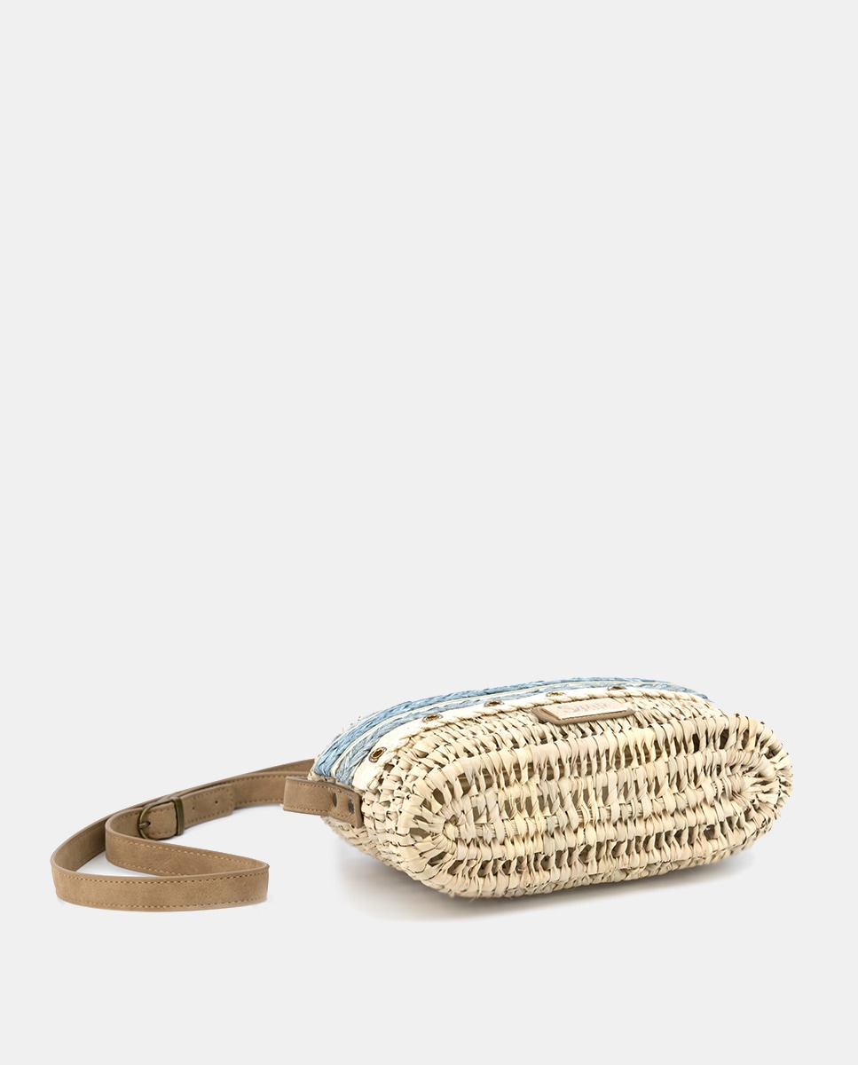 Mini Mala de Palma Natural Atada e Combinada com Ilhós e Ráfia Azul-4