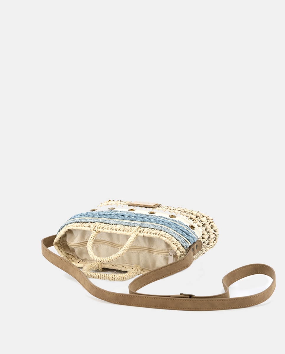 Mini Mala de Palma Natural Atada e Combinada com Ilhós e Ráfia Azul-3