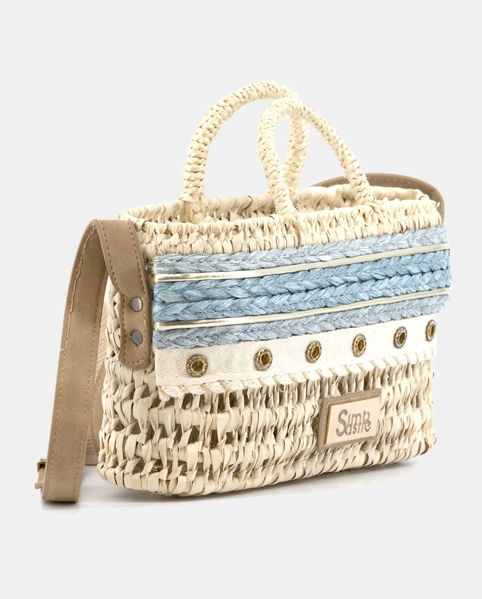 Mini Mala de Palma Natural Atada e Combinada com Ilhós e Ráfia Azul-2