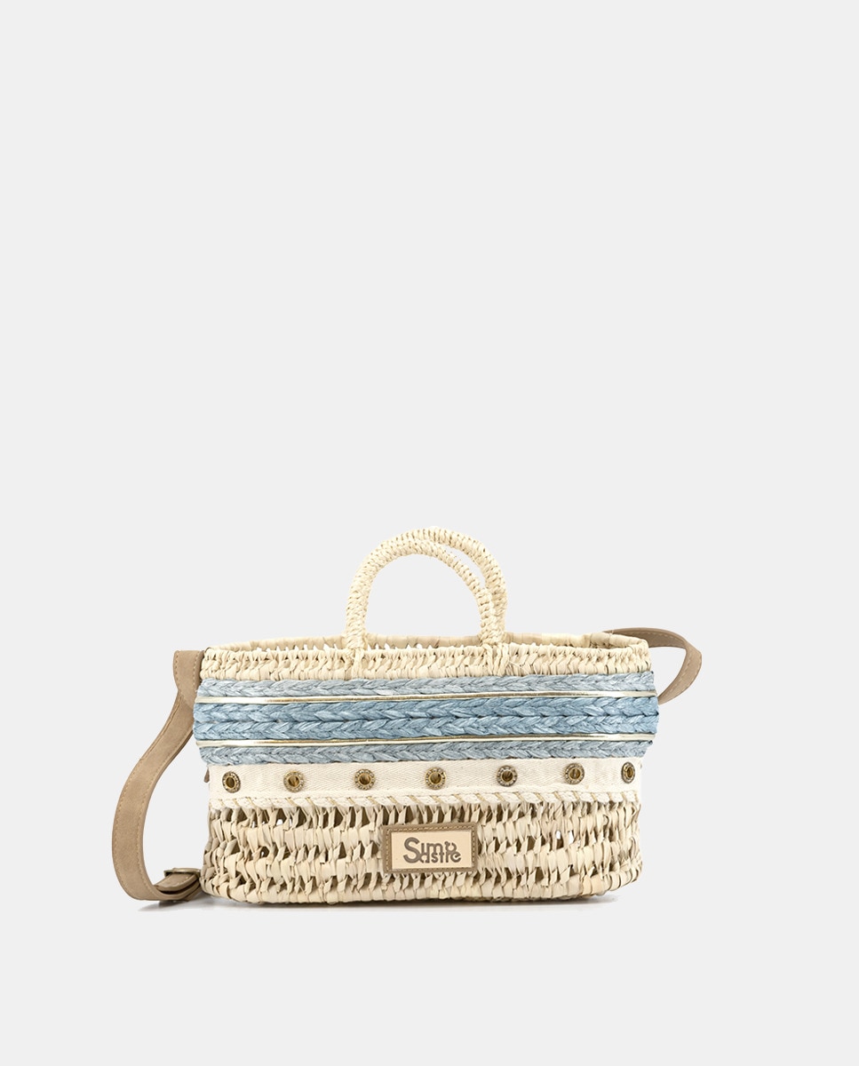 Mini Mala de Palma Natural Atada e Combinada com Ilhós e Ráfia Azul-1