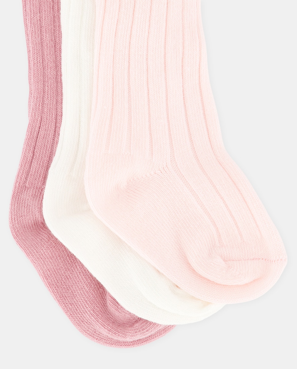 Pack de 3 Pares de Meias Altas Caneladas Lisas de Bebé Cotton Juice Rosa-3