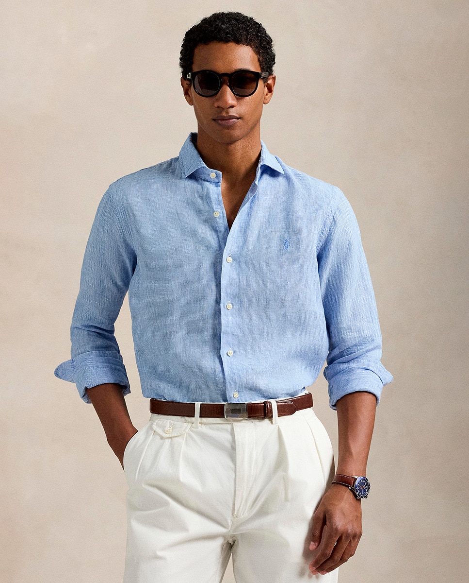 Camisa Regular Fit de Linho Azul-claro-1