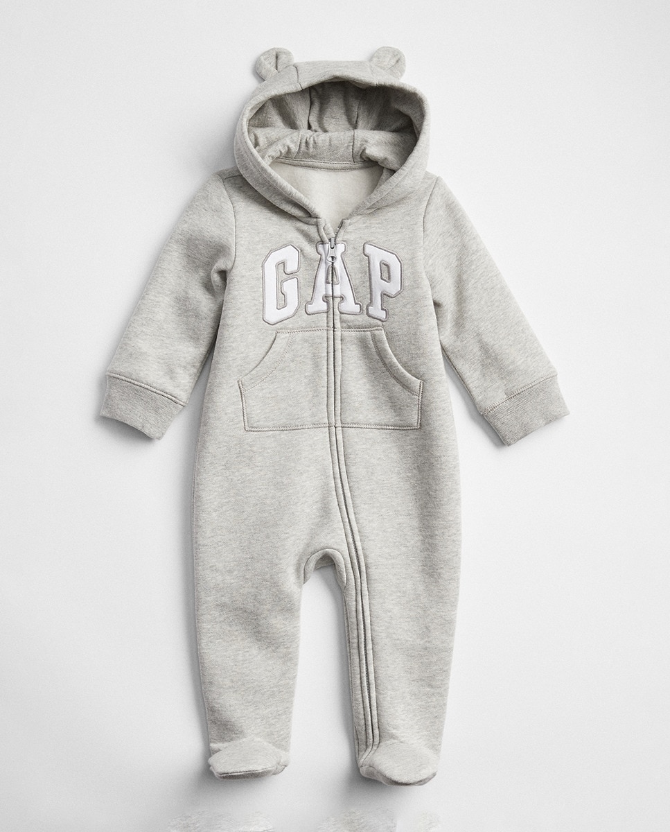 Babygrow de Bebé com Capuz e Orelhas com Logótipo Cinzento-1