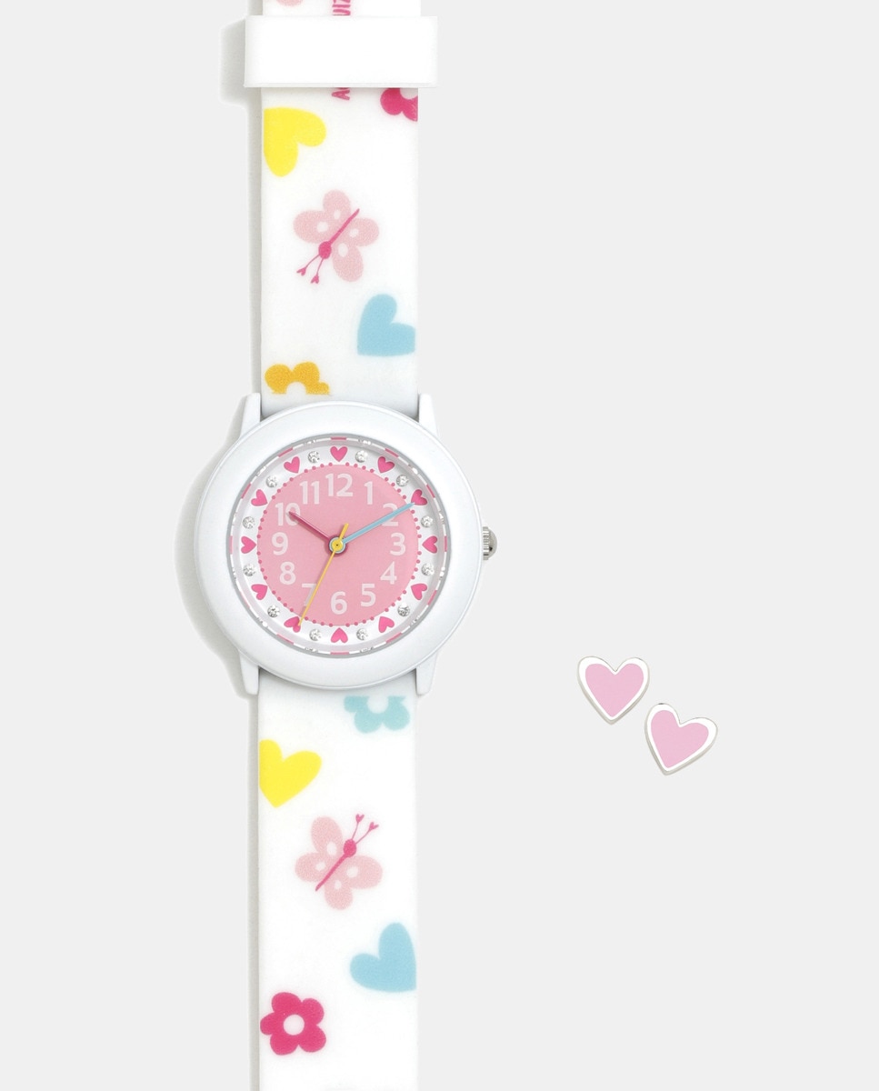 Set con Reloj Bombón 020SPA de silicona y pendientes corazón Blanco-1