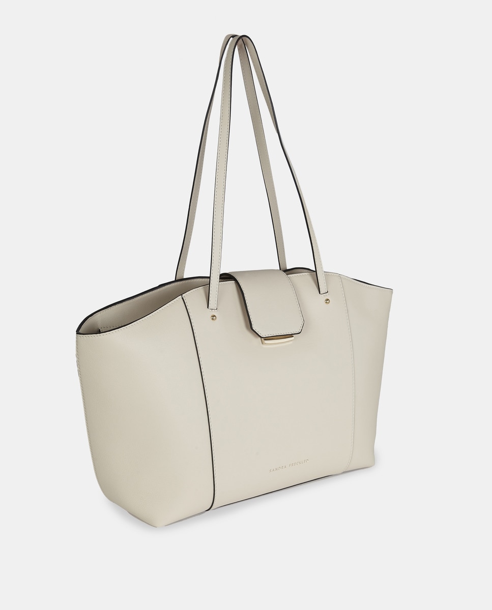 Mala Shopper Grande em Pele Lisa com Alças Compridas Branco-2