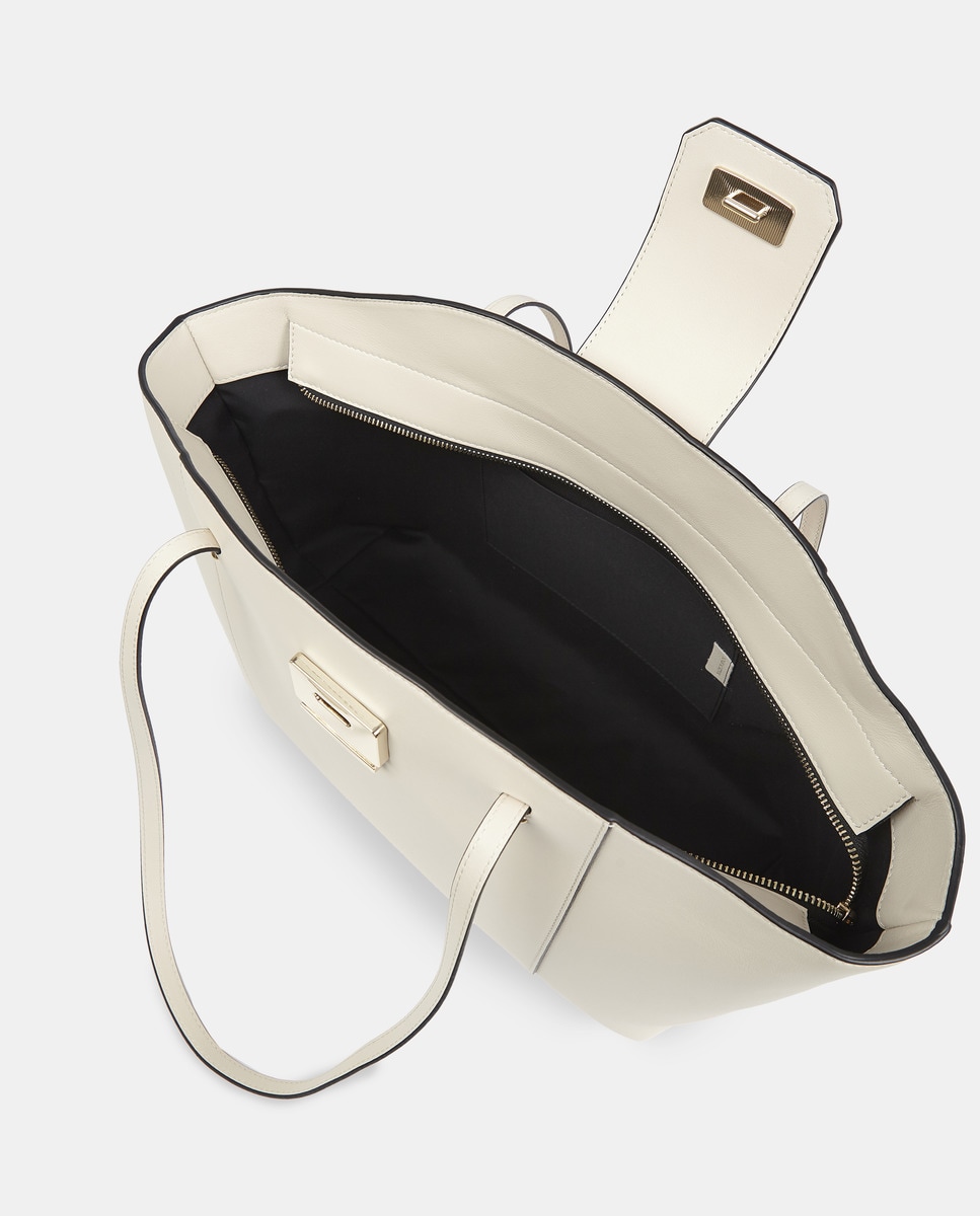 Mala Shopper Grande em Pele Lisa com Alças Compridas Branco-3