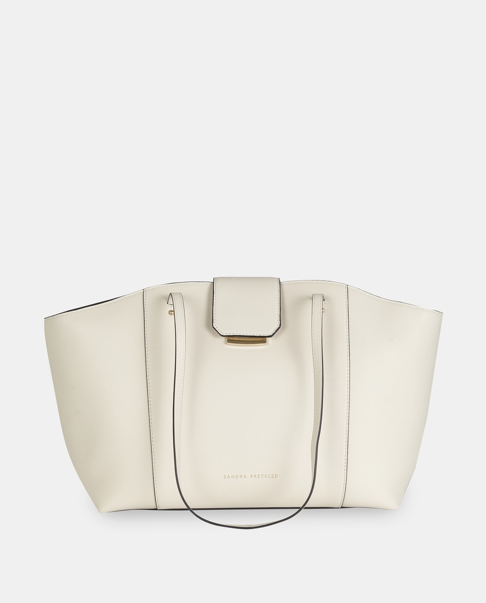 Mala Shopper Grande em Pele Lisa com Alças Compridas Branco-1