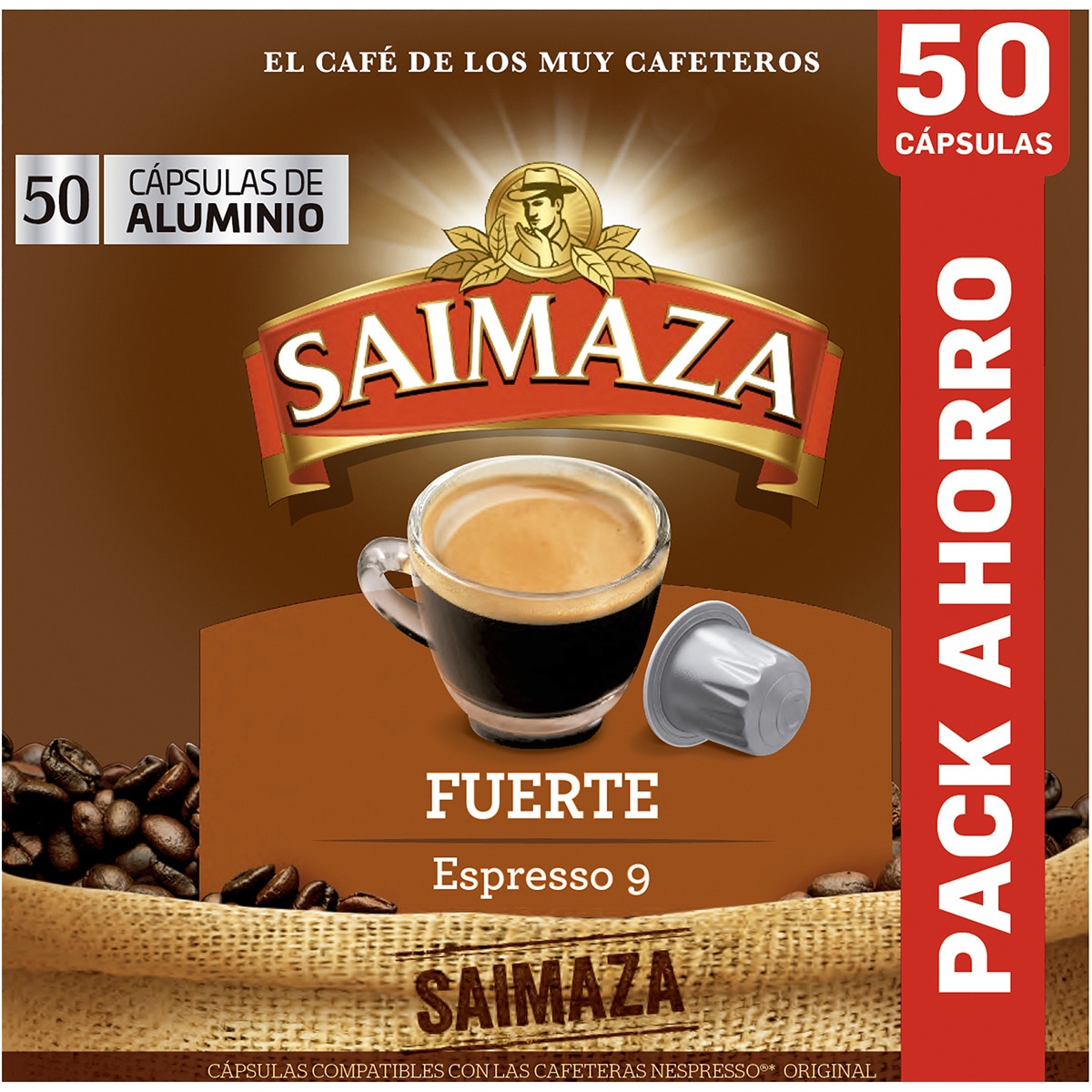 Café Espresso fuerte intensidad 9 pack ahorro estuche 50 cápsulas compatibles con máquinas Nespresso - Saimaza