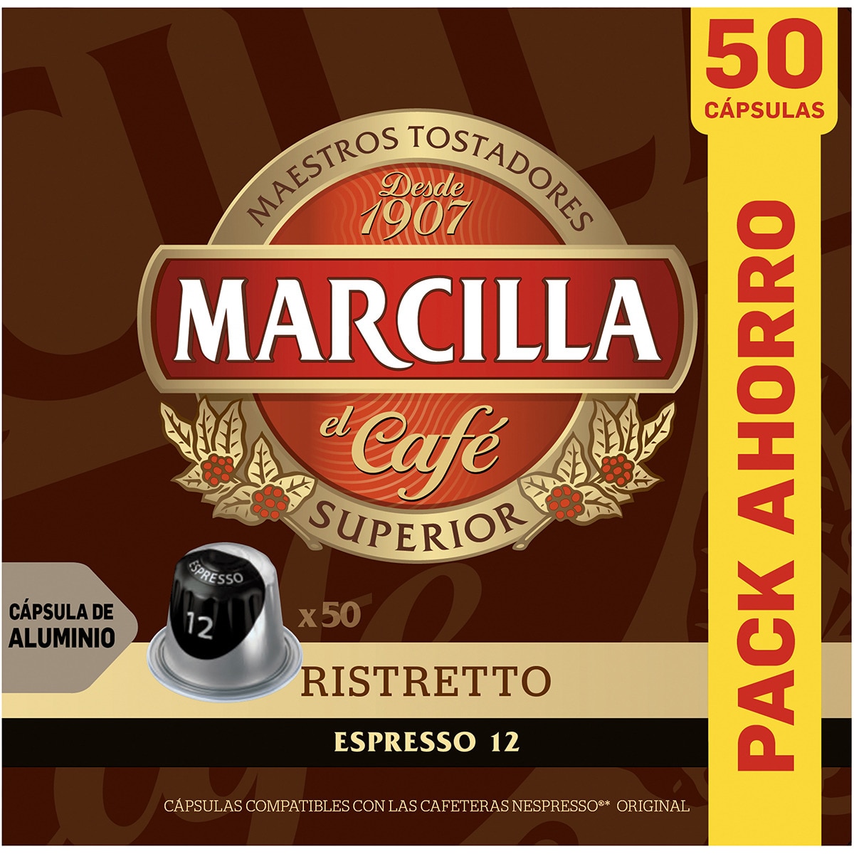 Café Espresso Ristretto intensidad 12 pack ahorro estuche 50 cápsulas compatibles con máquinas Nespresso - Marcilla