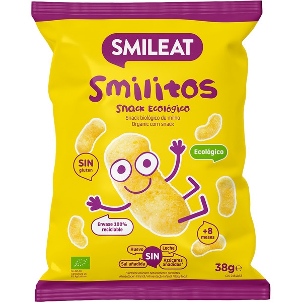 Smilitos organic corn snacks gluten-free, egg-free, milk-free bag 38 g no added sugar or salt
