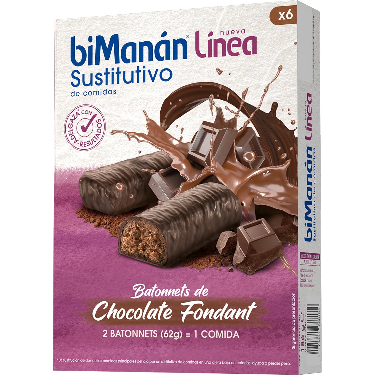 Línea batonnets sustitutivos de una comida sabor chocolate fondant 6 unidades caja 186 g - Bimanan