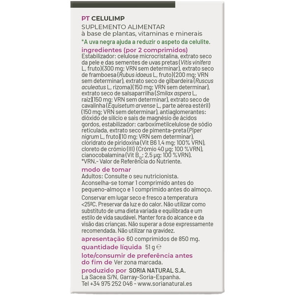 Celulimp mit Mäusedorn, Zinnkraut und schwarzen Traubenkernen Pflege und Diät Karton 60 Tabletten