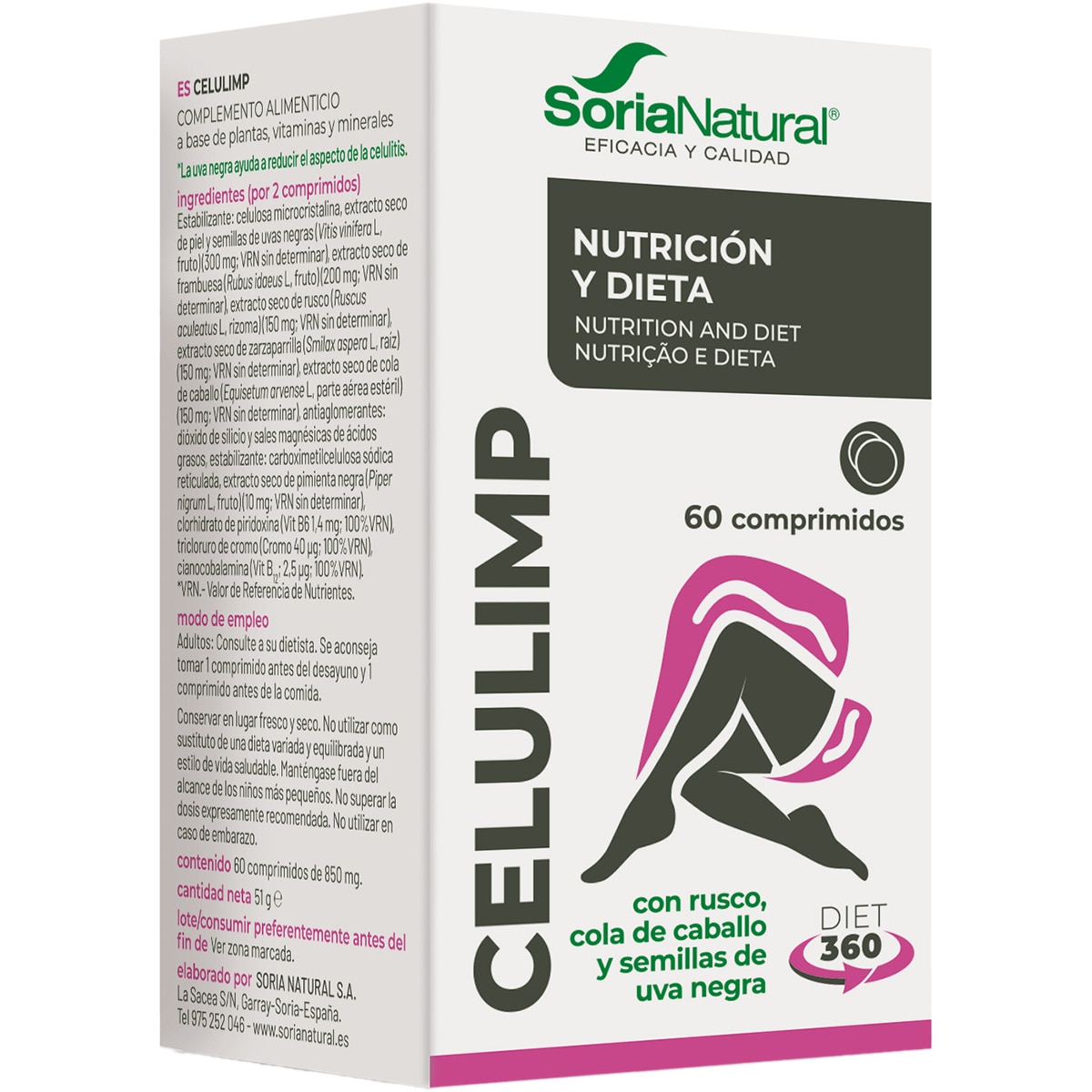 Celulimp con rusco, cola de caballo y semillas de uva negra Nutrición y Dieta estuche 60 comprimidos - Soria Natural