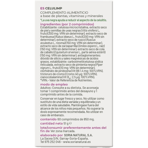 Celulimp mit Mäusedorn, Zinnkraut und schwarzen Traubenkernen Pflege und Diät Karton 60 Tabletten