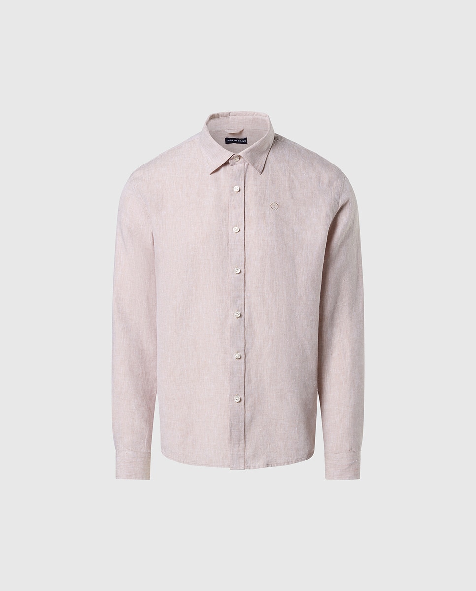 Camisa de Linho com Gola Aberta Bege-5