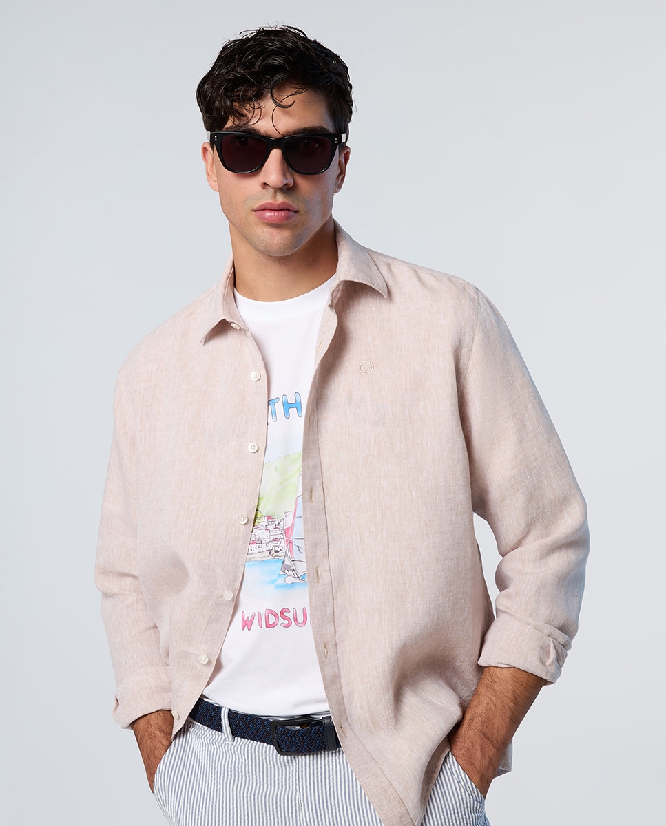 Camisa de Linho com Gola Aberta Bege-4