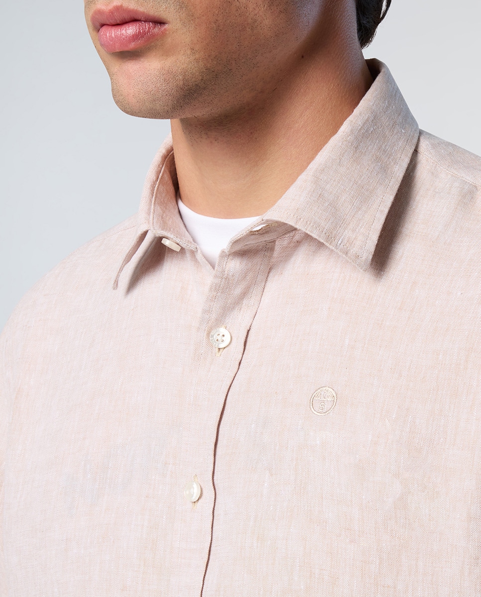 Camisa de Linho com Gola Aberta Bege-3
