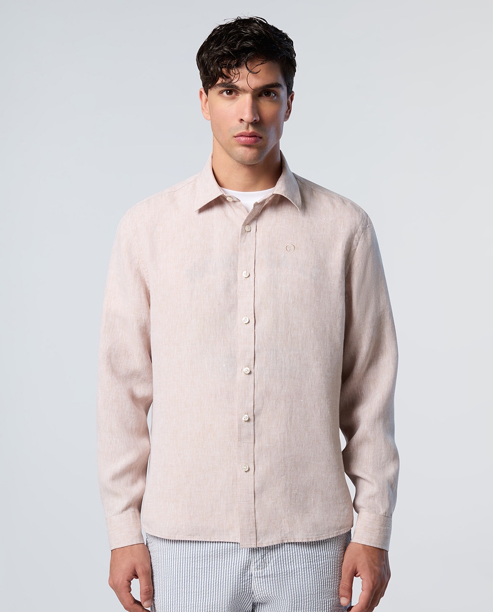 Camisa de Linho com Gola Aberta Bege-1