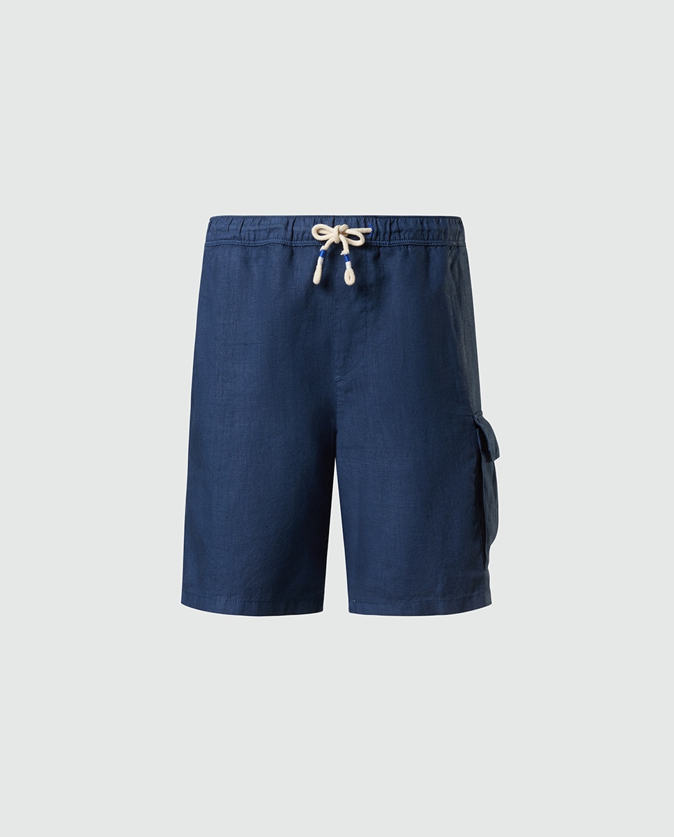 Bermudas Cargo em Linho com Cintura Elástica Azul-índigo-1