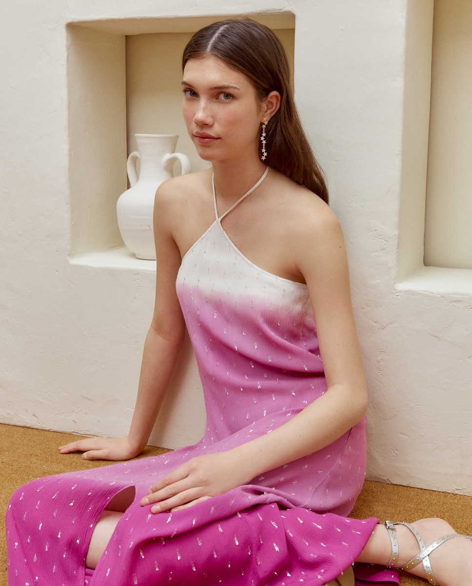 Vestido Midi com Alças, Gola Halter e Abertura Buganvília-2