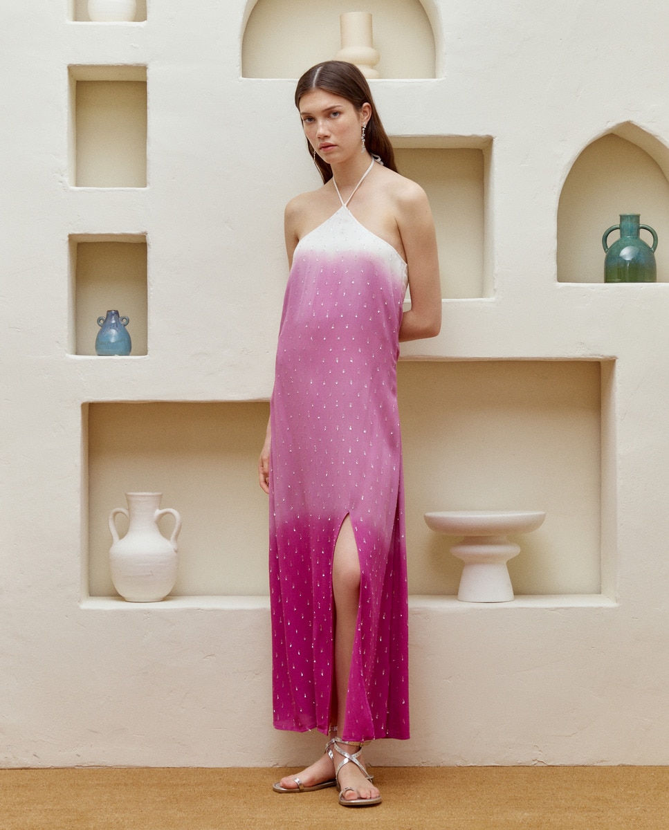 Vestido Midi com Alças, Gola Halter e Abertura Buganvília-1
