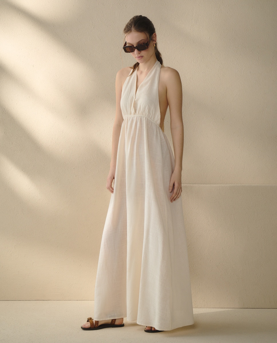 Vestido Comprido com Gola Halter Branco-marfim-2