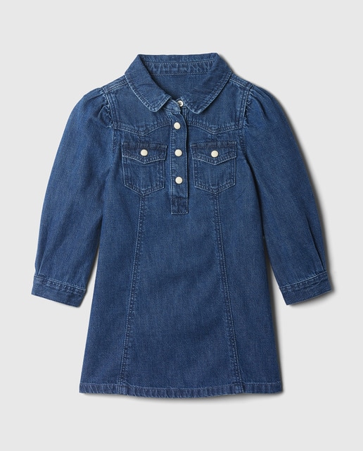 Imagen 0 de Vestido de niña camisero denim con cuello abierto y manga larga