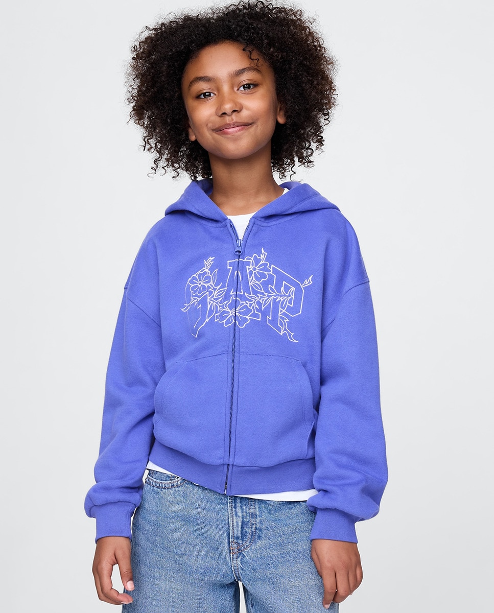 Sweatshirt com Logótipo, Capuz e Fecho de Correr Azul-1