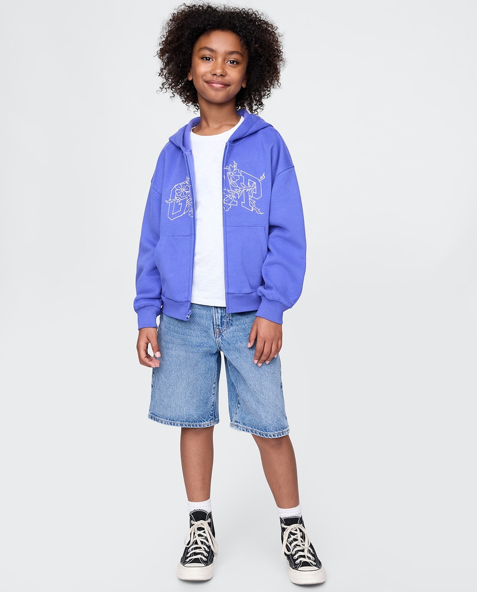 Sweatshirt com Logótipo, Capuz e Fecho de Correr Azul-4