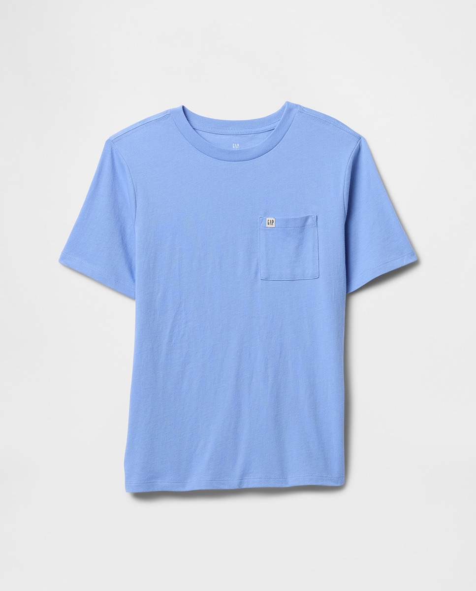 T-shirt com Bolso com Logótipo no Peito e Manga Curta Azul-claro-1